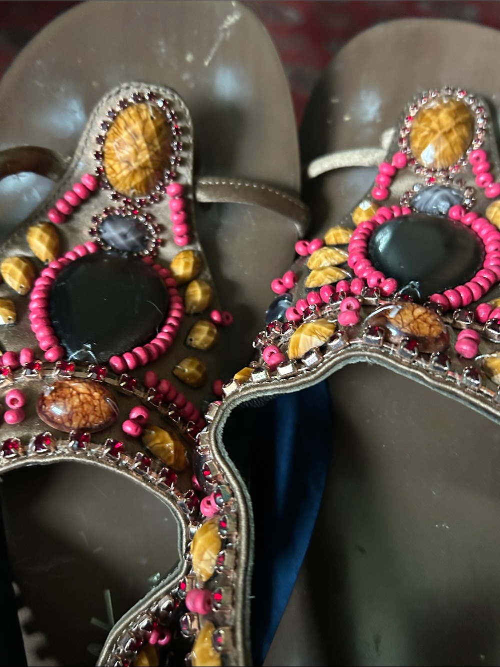 Beaded Embellished Brown Women's Sandals with Pink Accents